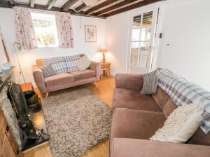 ein Wohnzimmer mit einem Sofa und einem Kamin in der Unterkunft Bron Heulog Cottage in Llangoed
