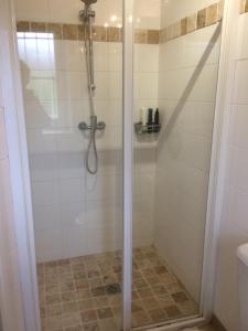 a shower with a glass door in a bathroom at La Bretauche in Chécy