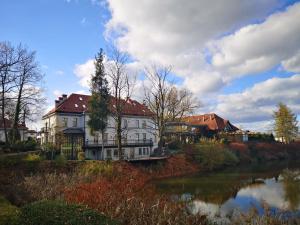 een groot wit huis naast een rivier bij Pałac Czarny Las (50 km od Katowic) in Wożniki