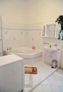 a white bathroom with a sink and a toilet at 7k - Apartmány Lázeňská in Karlovy Vary