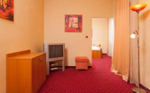 a hotel room with a television and a room at Penzión Kamélia in Žilina