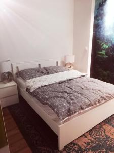 - une chambre dotée d'un lit avec un cadre blanc dans l'établissement Apartamenty przy Gimnazjalnej, à Bydgoszcz