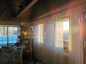 a living room with a window and a couch at Haus Haidweg - Ferienwohnungen in Haidmühle im Dreiländereck DE-CZ-AT in Haidmühle