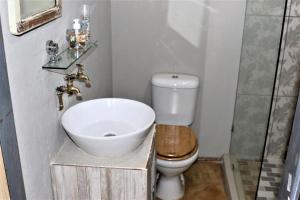 La petite salle de bains est pourvue d'un lavabo et de toilettes. dans l'établissement Round Here Self-Catering Holiday Home, à Sabie