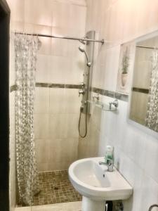 La salle de bains est pourvue d'un lavabo et d'une douche. dans l'établissement Ankuweni Guest house, à Giyani