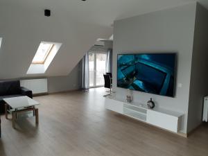 uma sala de estar com uma grande televisão de ecrã plano na parede em Vera Apartment Świeradów-Zdrój Zakopiańska 22 C m10 em Świeradów-Zdrój