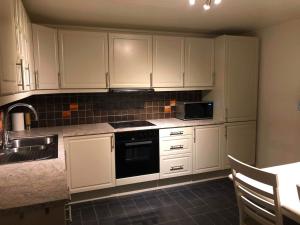 a kitchen with white cabinets and a sink and a microwave at EG Apartment in Leknes