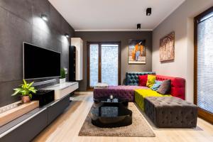 a living room with a couch and a tv at Elegant Business Accommodation with Parking in Krakow