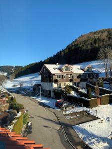 ein Haus mit Schnee auf dem Boden neben einer Straße in der Unterkunft Ferienwohnung Elena in Oberstaufen