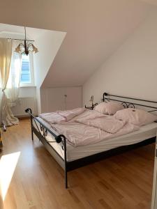 ein Schlafzimmer mit einem Bett mit rosa Kissen darauf in der Unterkunft Ferienwohnung Elena in Oberstaufen