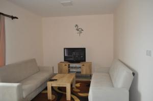 a living room with two couches and a coffee table at Alp Apartment in Mağusa