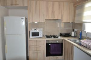 a kitchen with a white refrigerator and a microwave at Alp Apartment in Famagusta