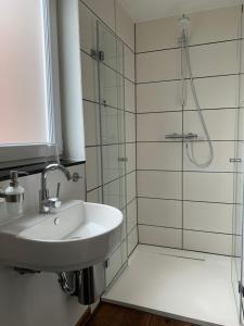 ein Bad mit einem Waschbecken und einer Dusche in der Unterkunft Hotel Stegmann's Hof in Sehnde