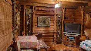sala de estar con paredes de madera y TV en Viktoria en Úzhgorod