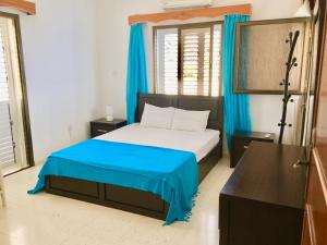 1 dormitorio con cama con colcha azul y cortinas azules en A.A Michael Apartments en Pachyammos