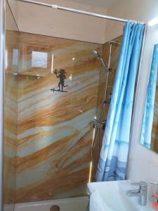 a bathroom with a shower with a painting on the wall at Pension & Gasthaus Kattenstieg in Heiligengrabe