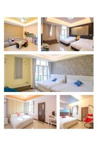 a collage of four pictures of a hotel room at 綠竹筍民宿 in Zhushan