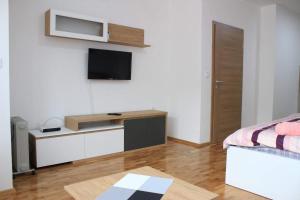 a living room with a tv on a wall at Apartments S*A in Ohrid