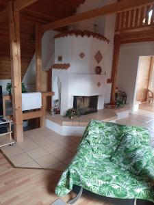 ein Wohnzimmer mit einem Kamin und einem Bett in der Unterkunft Apartmány pod Hradem in Holštejn