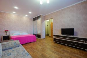 1 dormitorio con cama rosa y TV de pantalla plana en ОК! Советская, 60 №1, en Tomsk