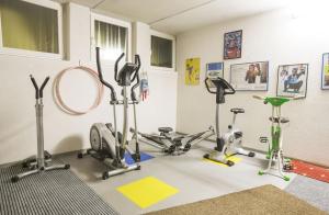 un gimnasio con varias bicicletas estáticas en una habitación en Pension Kofler, en Foiana - Völlan