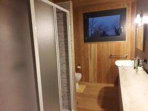 een badkamer met een toilet, een wastafel en een raam bij Casa Nicole in Borso del Grappa
