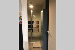 a glass door to a bathroom with a shower at APPARTEMENT STYLE POP ART avec GARAGE CENTRE HISTORIQUE BEZIERS in Béziers +36 photos