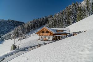 a house on top of a snow covered mountain at Almchalet Linharterhof in Haus im Ennstal