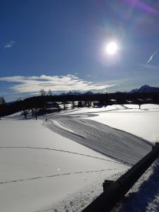 a snow covered road with the sun in the sky at Ferienhaus Abendstille in Ramsau am Dachstein