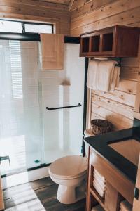 a bathroom with a toilet and a shower at Tiny Homes at Powderhorn Mountain Resort in Mesa