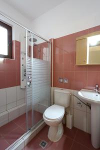 a bathroom with a toilet and a shower and a sink at Olga Dova Apartments in Ioannina