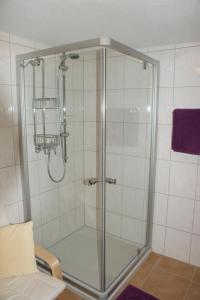 een douche met een glazen deur in de badkamer bij Schlagerberg in Scharnstein