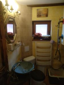baño con lavabo y aseo y ventana en Cozy family house, en Odorín