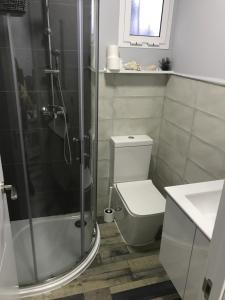 a bathroom with a shower and a toilet and a sink at La Casita de Laura in Bolonia