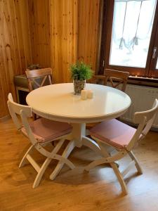 a white table and chairs with a potted plant on it at Casa Vacanza Roccaraso in Roccaraso