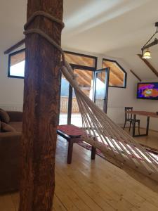 a hammock in the living room of a house at Satu Muscelean in Albeștii de Muscel