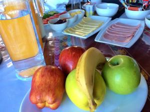 einen Tisch mit Äpfeln und Bananen auf einem Teller in der Unterkunft La Chakana Lodge in Putre