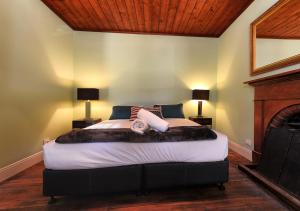 South Bruny的住宿－Ventnor Guest House，一间卧室设有一张大床和一个壁炉