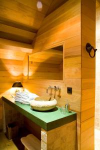 a bathroom with a sink in a wooden wall at Nokernote in Tienen