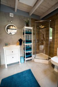 a bathroom with a shower and a sink and a toilet at SuliLand Domki pod Ślężą in Sulistrowice +50 photos