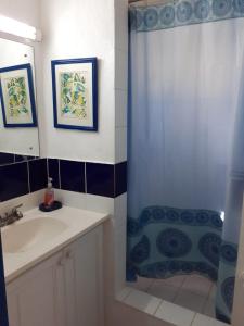 a bathroom with a sink and a shower with a shower curtain at C & A Seashell Villa in Bon Accord Village