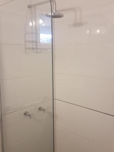 y baño con ducha y puerta de cristal. en Complejo Edificio Rosario en San Juan