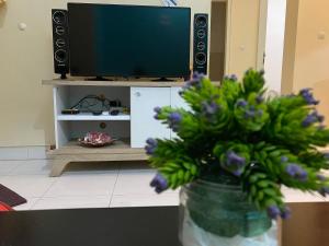 a vase with purple flowers in front of a tv at Fullhouse in Mataram