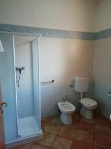 GrizzanaにあるAgriturismo I Fondacciのトイレ、シャワー、洗面台を備えたバスルーム