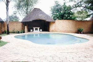 a swimming pool in a yard with a thatched building at Bosveldrus Gastehuis in Vaalwater
