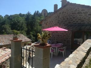 Chalencon的住宿－LOFT LA ROSE DESIREE Gite 3 étoiles，一个带桌子和遮阳伞的庭院