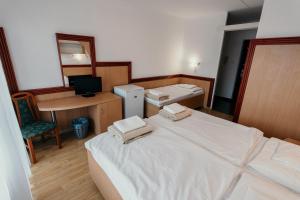 Dormitorio con cama, escritorio y TV en Tisza Sport Hotel, en Szeged