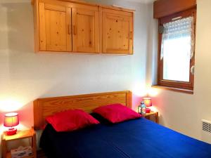 ein Schlafzimmer mit einem blauen Bett mit zwei roten Kissen in der Unterkunft Boost Your Immo Les Deux Alpes Grande Chaume 173 in Les Deux Alpes