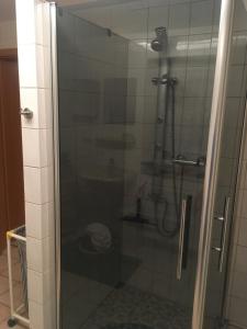 クヴェードリンブルクにあるFerienwohnung Messerschmidtのバスルーム(ガラスドア付きのシャワー付)