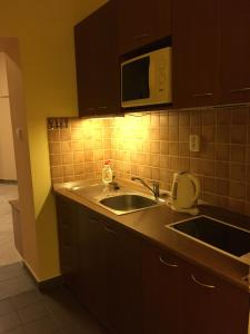 a kitchen with a sink and a microwave at Apartmany SLOS in Banská Bystrica